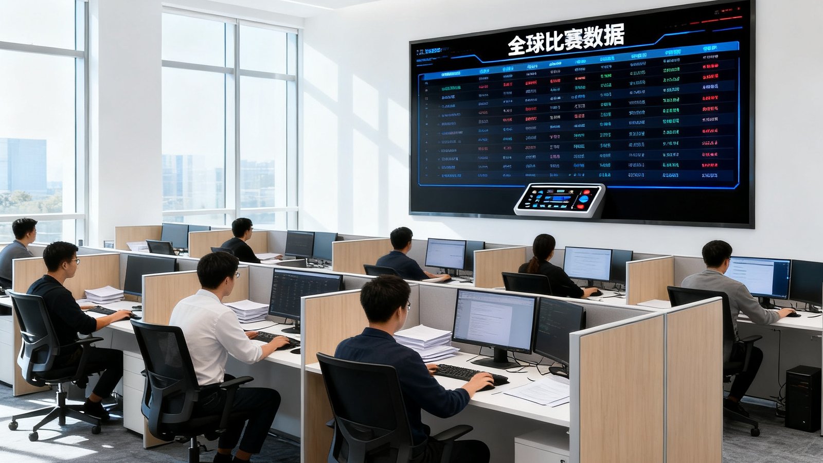 比分预测分析中心办公室全景，开放式工位区多名数据分析师专注工作，大屏幕上实时滚动着全球比赛数据，环境明亮现代